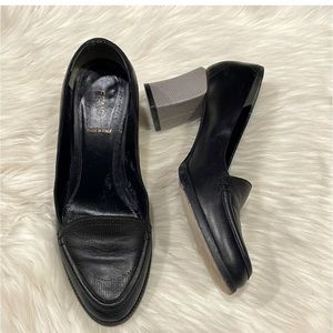 FENDI Black Leather Perforated Stack Heels Loafers